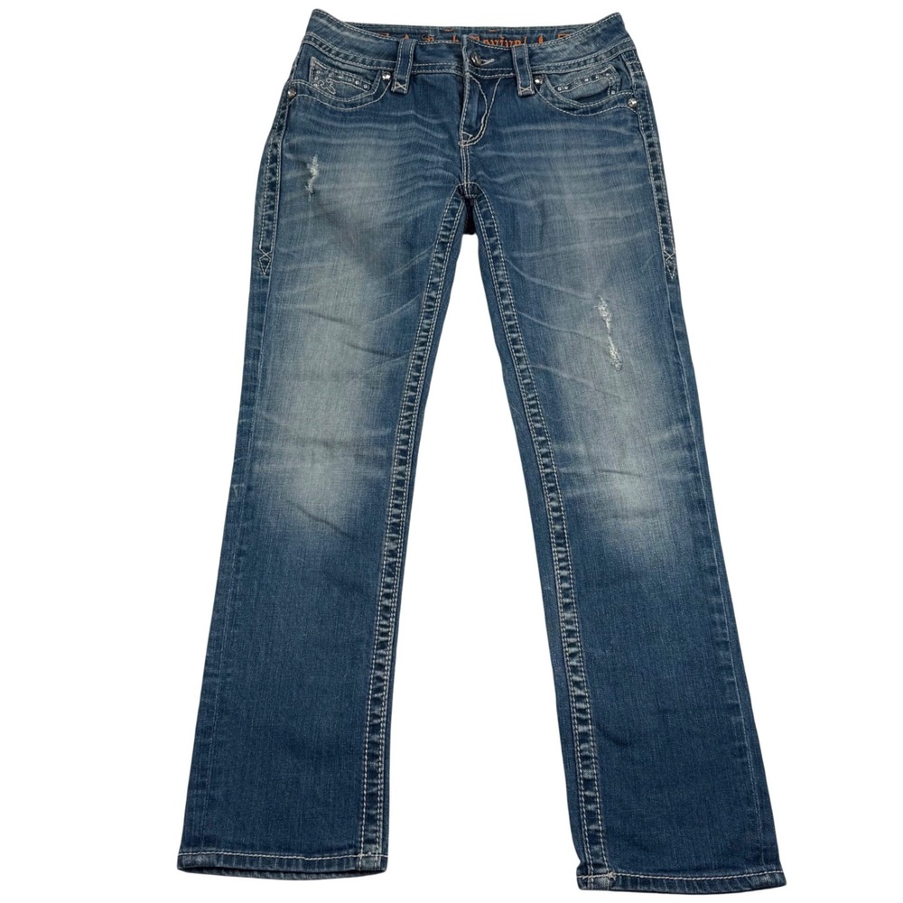 Rock Revival Noelle Capri Jeans Women 28 Blue Medium Wash Embellished Buckle Y2K